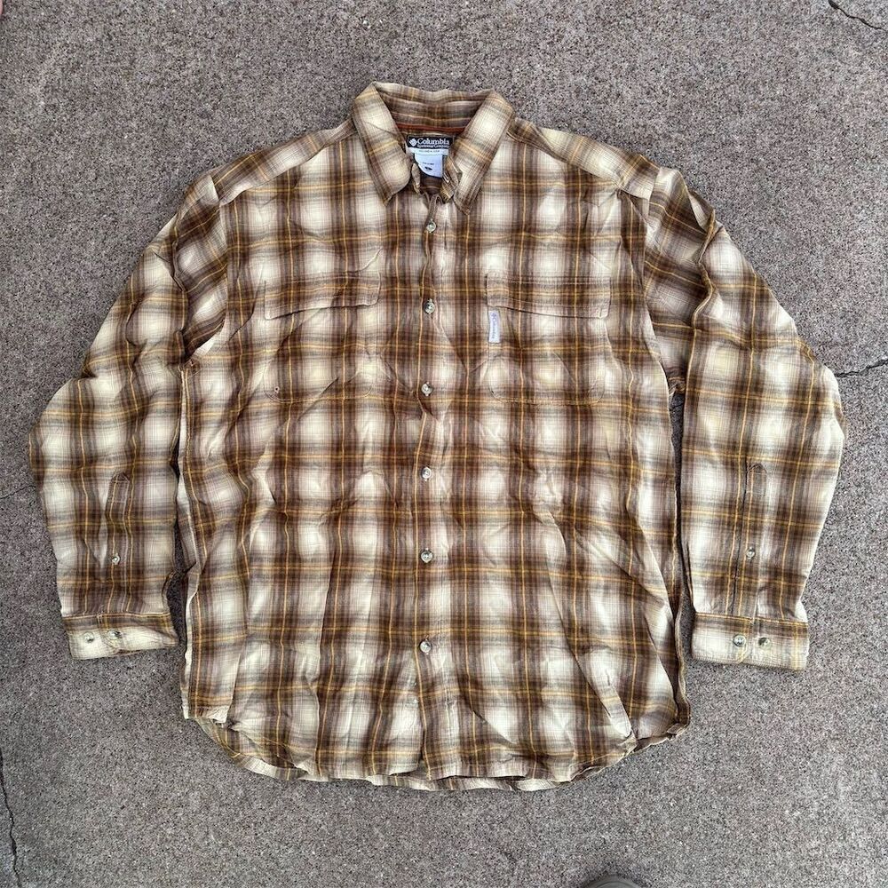 Vintage Columbia Men's L Brown Plaid Long Sleeve Button-Up Shirt‎ Casual